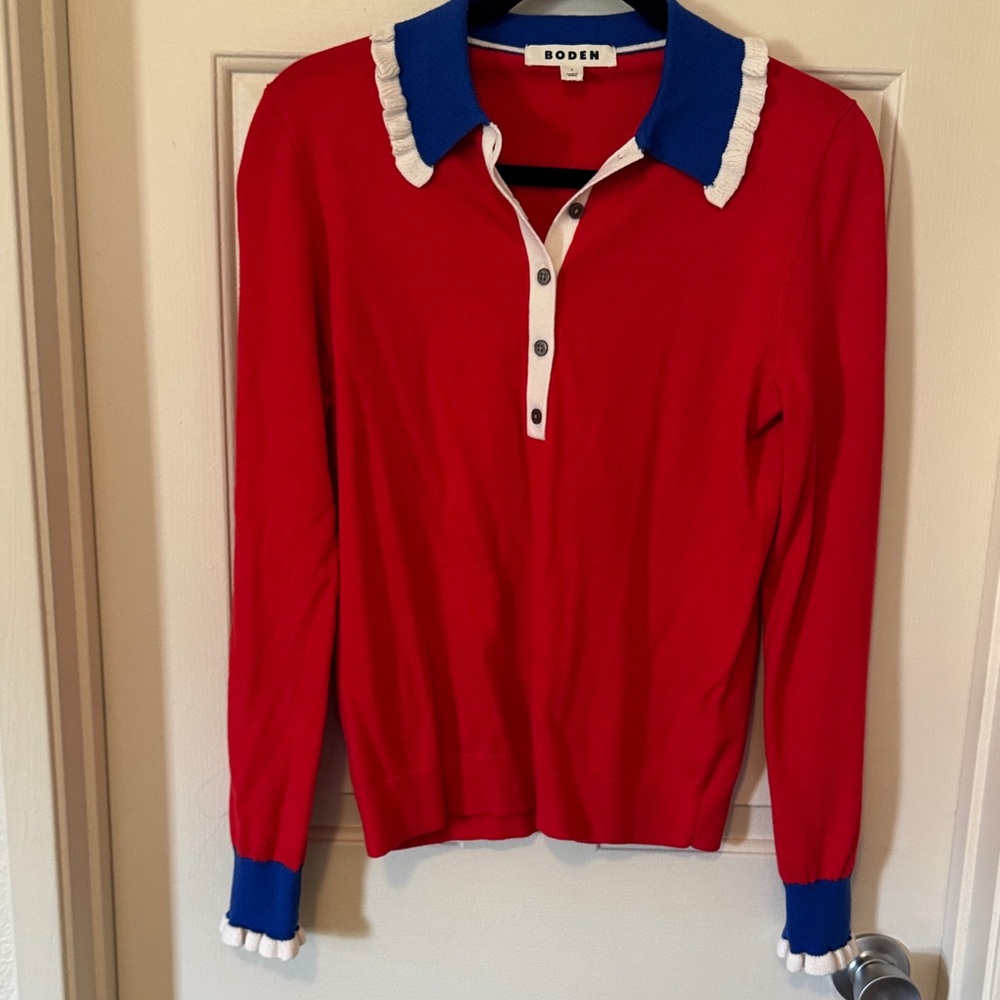 Boden Red Knit Polo with Blue Collar and White Trim